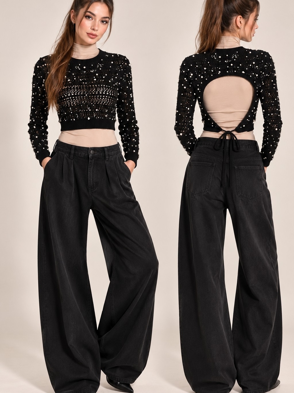 Zara Black Pearl Embellished Open Back Cropped Sweater Size S